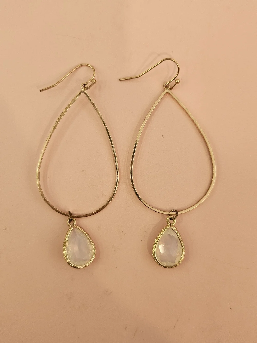 Gold Teardrop Hoop Earrings with White Teardrop Gem